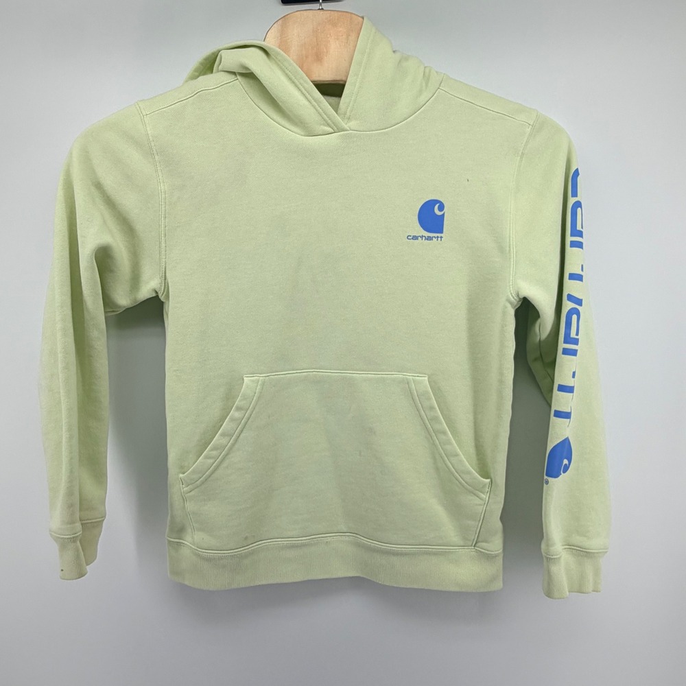 Carhartt Hoodie Kids XL 18-20 Lime Green Blue Logo Graphic Sweatshirt Pullover